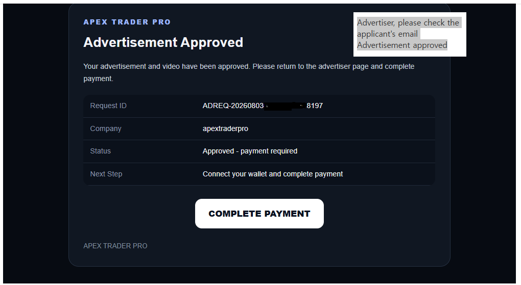 Advertiser confirmation of ad request approval email 1