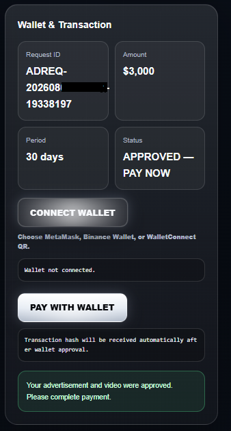 Make a payment with the advertiser 1
