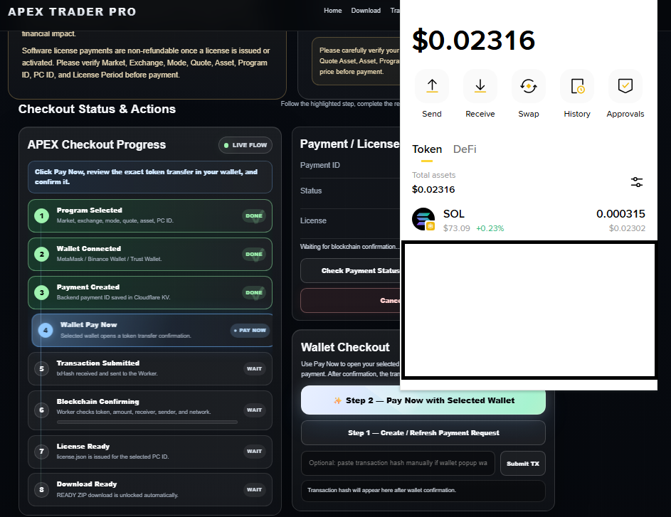 After connecting the wallet to use the payment, if there is no amount in USDT or USDC, you must deposit it and then try connecting again from the beginning. 1