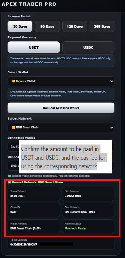 Wallet APEX site connection, USDT and USDC verification, and the gas cost for network use will be displayed 1