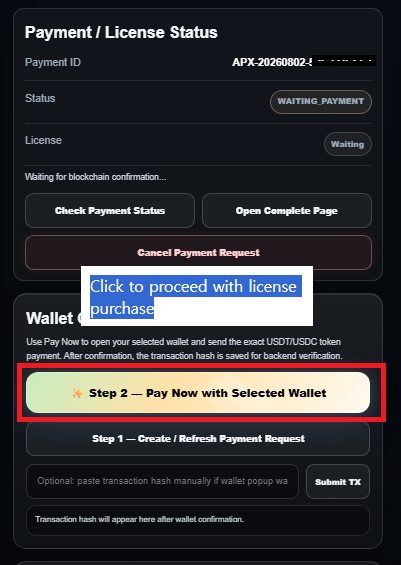 Step 2 — Click “Pay now” with the selected wallet 1