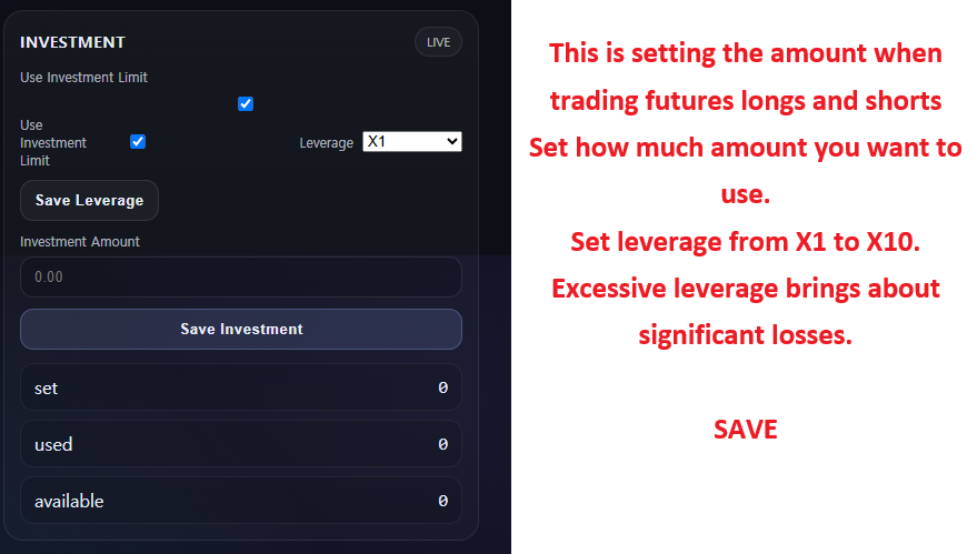 Usage amount setting panel linked to each exchange’s futures trading API 1