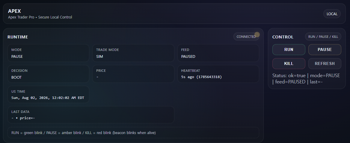 Status window and control buttons 1